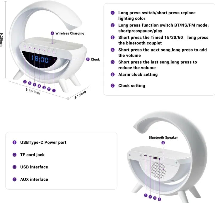 Smart G-Shaped LED Lamp with 15W Wireless Charger, Bluetooth Speaker, Digital Alarm Clock & RGB Night Light | Multifunction Bedside Table Lamp for Bedroom, Office & Study