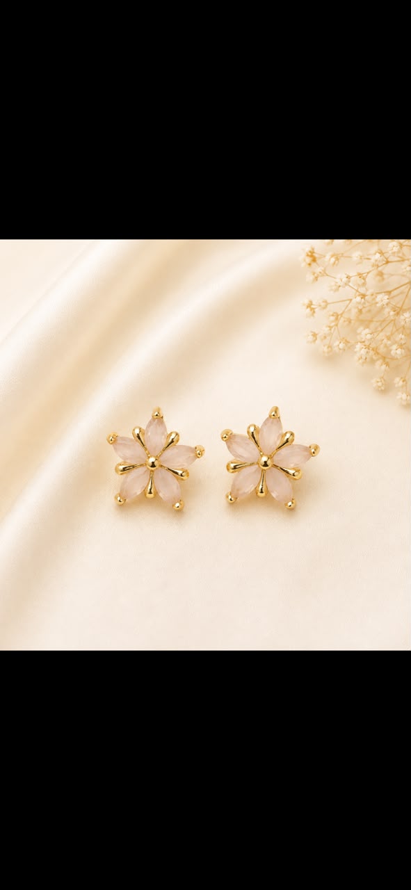 Blush Crystal Flower Stud Earrings – Gold-Tone Petal Cluster (Elegant Minimal)