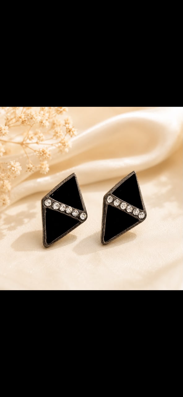 Black Geometric Triangle Stud Earrings – Crystal Stripe & Gunmetal Finish