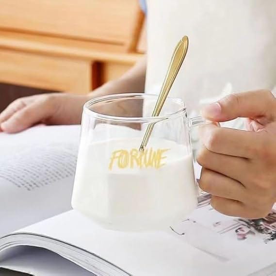 ✨Luxury Golden Crown Glass Mug with Handle & Stainless Steel Spoon – Elegant Tea & Coffee Cup for Home and Office