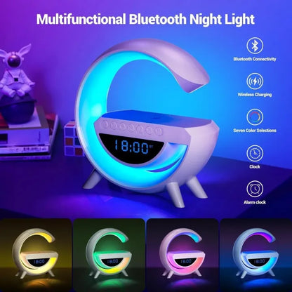 Smart G-Shaped LED Lamp with 15W Wireless Charger, Bluetooth Speaker, Digital Alarm Clock & RGB Night Light | Multifunction Bedside Table Lamp for Bedroom, Office & Study