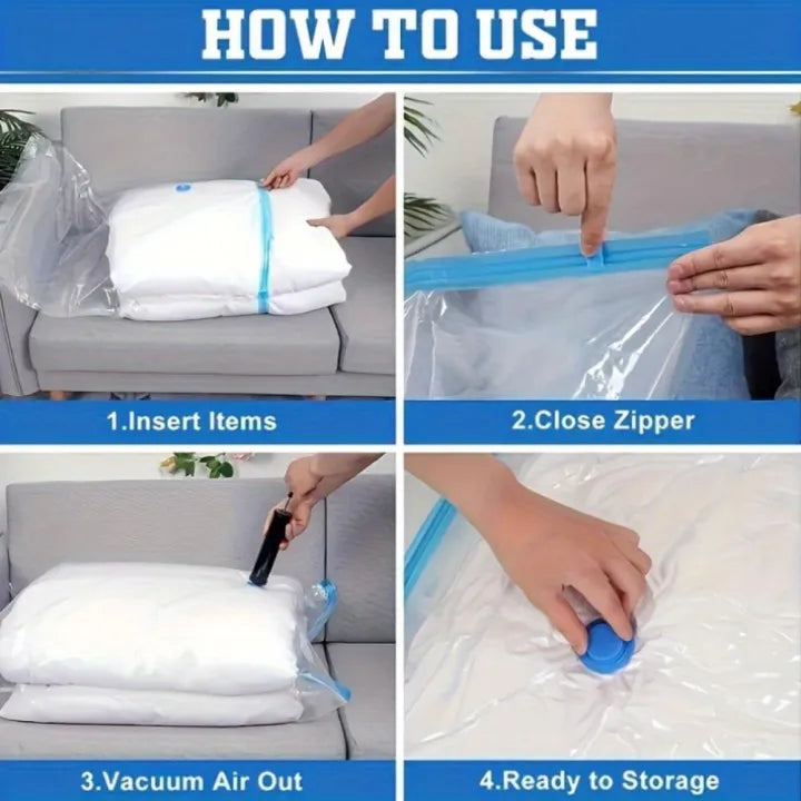 Vacuum Storage Bags with Hand Pump – Reusable Space Saver Compression Bags for Clothes, Blankets & Bedding