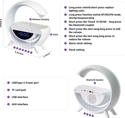 Smart G-Shaped LED Lamp with 15W Wireless Charger, Bluetooth Speaker, Digital Alarm Clock & RGB Night Light | Multifunction Bedside Table Lamp for Bedroom, Office & Study