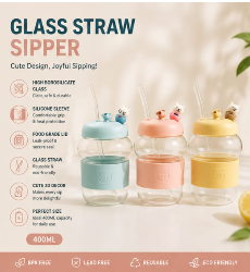 ✨Cute Bear Glass Straw Cup – 400ml Premium Drinking Tumbler for Juice, Coffee & Everyday Refreshments 🐻