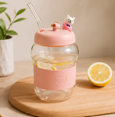 ✨Cute Bear Glass Straw Cup – 400ml Premium Drinking Tumbler for Juice, Coffee & Everyday Refreshments 🐻