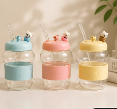 ✨Cute Bear Glass Straw Cup – 400ml Premium Drinking Tumbler for Juice, Coffee & Everyday Refreshments 🐻