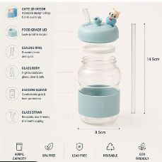 ✨Cute Bear Glass Straw Cup – 400ml Premium Drinking Tumbler for Juice, Coffee & Everyday Refreshments 🐻