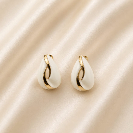 🌟White & Gold Twisted Teardrop Earrings for Women – Elegant Minimalist Statement Jewelry | Chic Party & Occasion Wear
