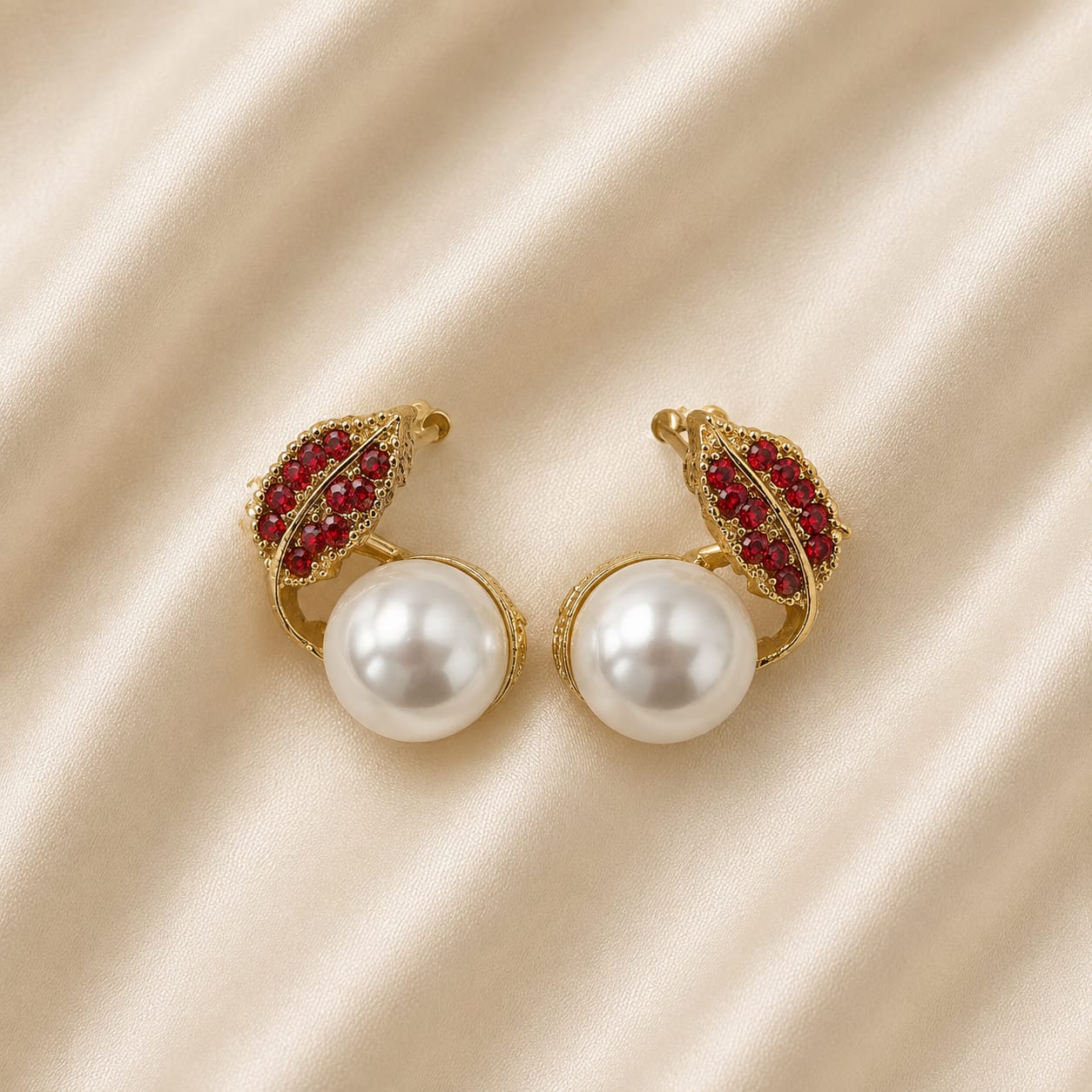 ✨Gold-Plated Pearl & Red Crystal Drop Earrings for Women – Elegant Statement Jewelry | Luxury Wedding & Occasion Wear