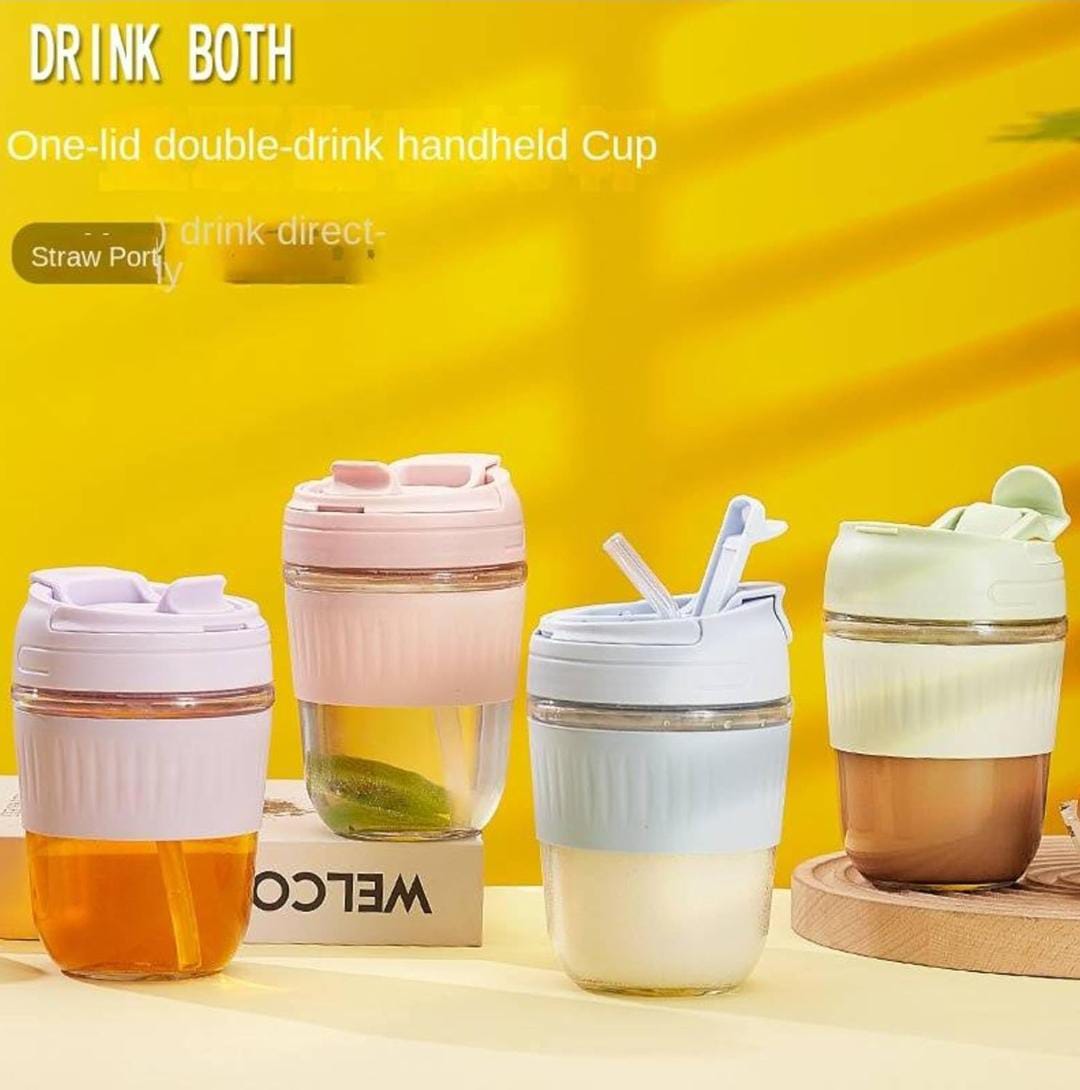 ✨Premium Glass Sipper Bottle with Straw – Portable Heat-Resistant Coffee, Juice & Milk Tea Tumbler