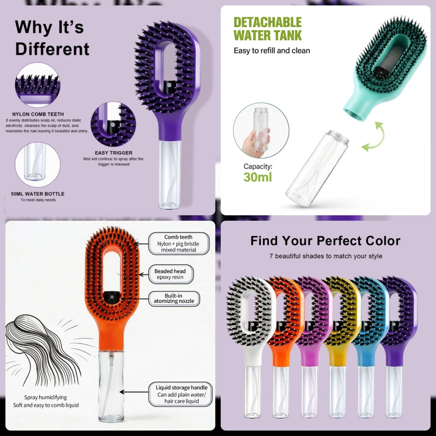 ✨ 2-in-1 Hair Mist Comb & Detangling Brush – Dual-Function Spray Hair Styling & Refreshing Tool