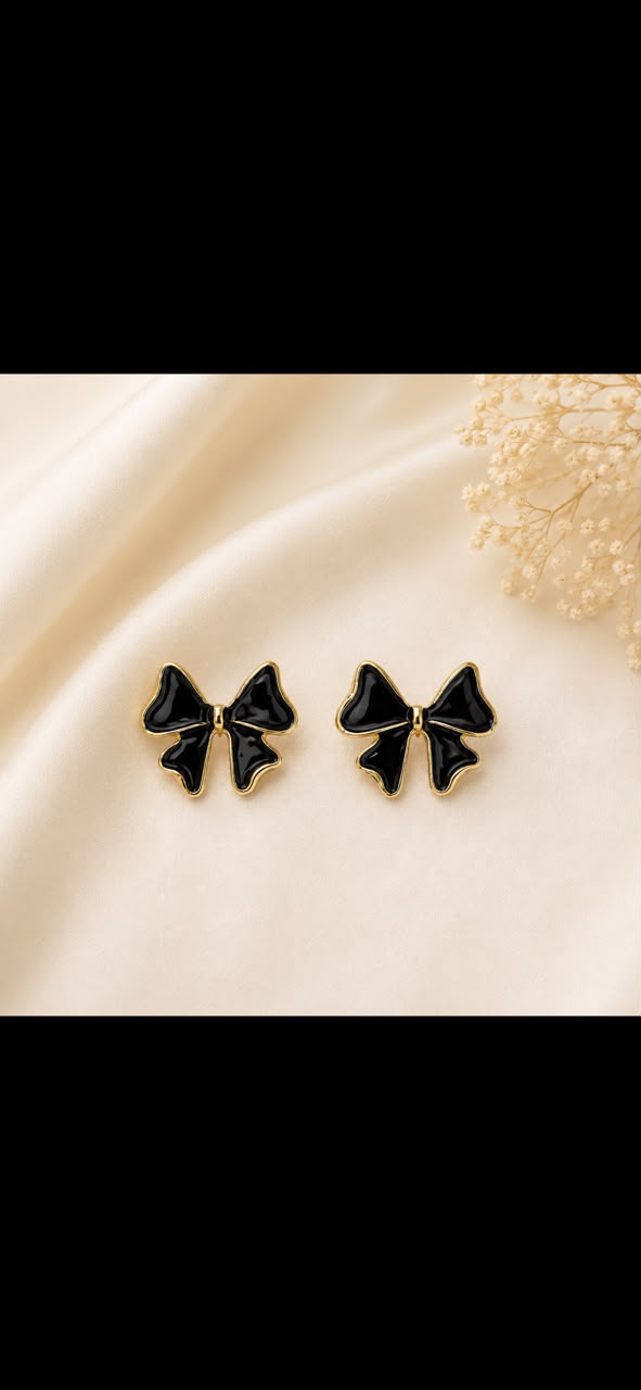 🌟Black Bow Stud Earrings – Glossy Enamel with Gold-Tone Trim (Classic Chic)