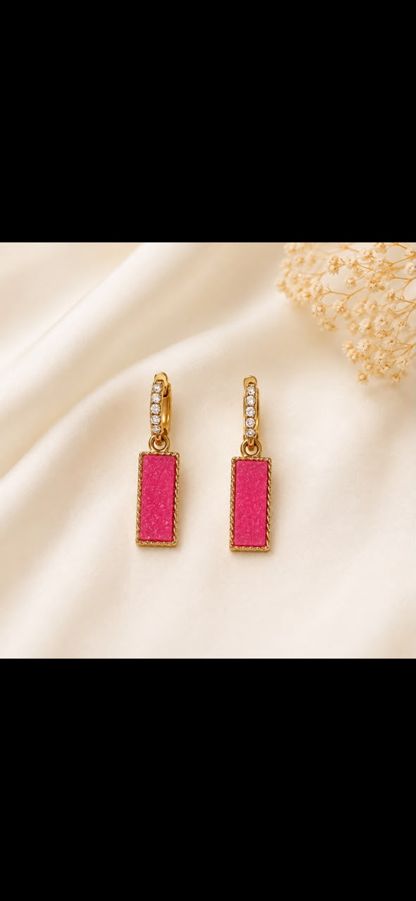 🌟Hot Pink Druzy Bar Drop Earrings – Gold Huggie Hoops with Crystal Pave