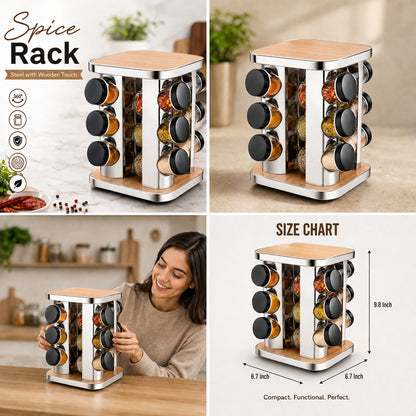 🔥Elegant Wooden Revolving Spice Rack with Stainless Steel Jars