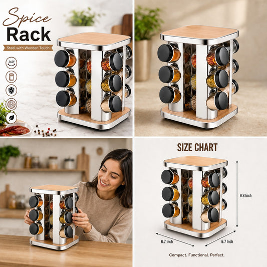 🔥Elegant Wooden Revolving Spice Rack with Stainless Steel Jars