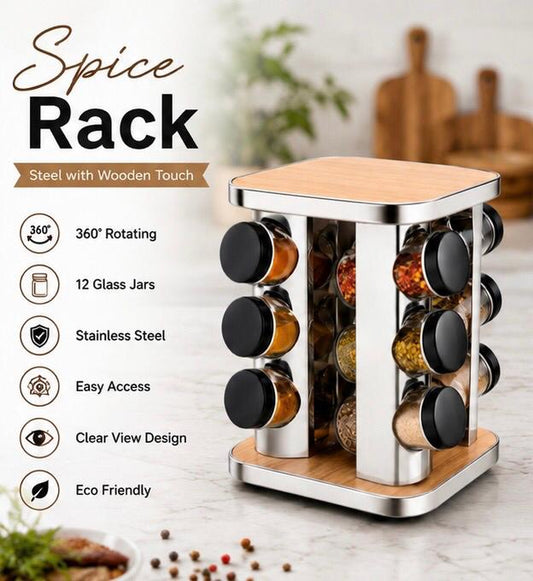 🔥Elegant Wooden Revolving Spice Rack with Stainless Steel Jars