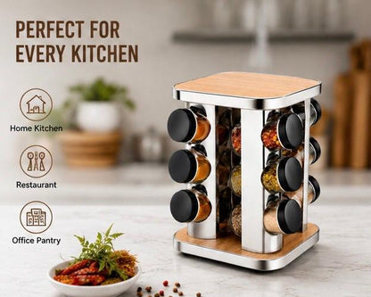 🔥Elegant Wooden Revolving Spice Rack with Stainless Steel Jars