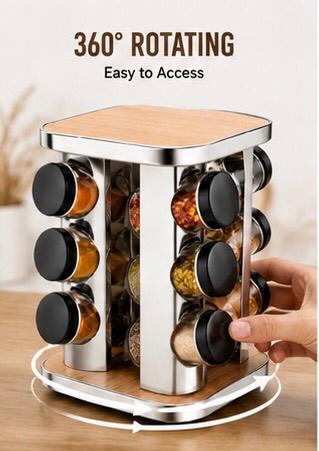 🔥Elegant Wooden Revolving Spice Rack with Stainless Steel Jars