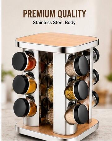 🔥Elegant Wooden Revolving Spice Rack with Stainless Steel Jars