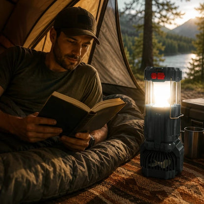 🌟Multifunction Rechargeable Solar Camping Lantern with High-Speed Fan, LED Torch & 5V Power Bank | Portable Emergency Light for Camping, Hiking & Outdoor Adventures