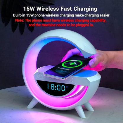 Smart G-Shaped LED Lamp with 15W Wireless Charger, Bluetooth Speaker, Digital Alarm Clock & RGB Night Light | Multifunction Bedside Table Lamp for Bedroom, Office & Study