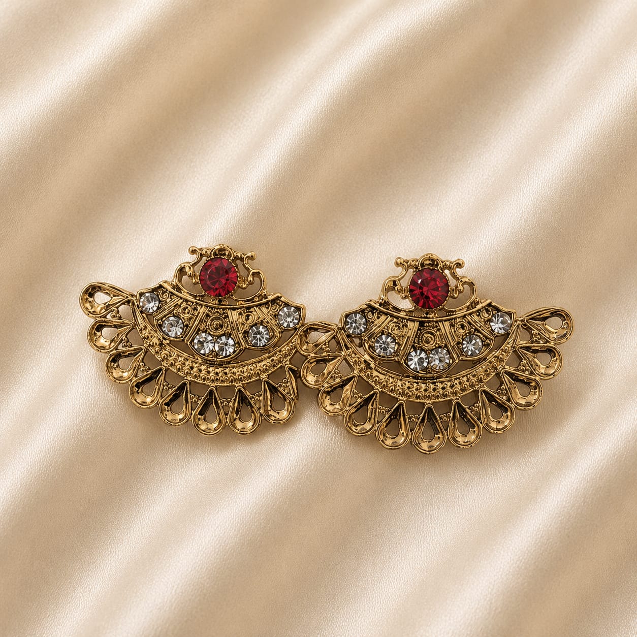 ✨ Premium Product Title  Royal Kundan Jhumka Earrings for Women – Gold-Plated Crystal Earrings with Red Stone | Traditional Ethnic Statement Jewellery