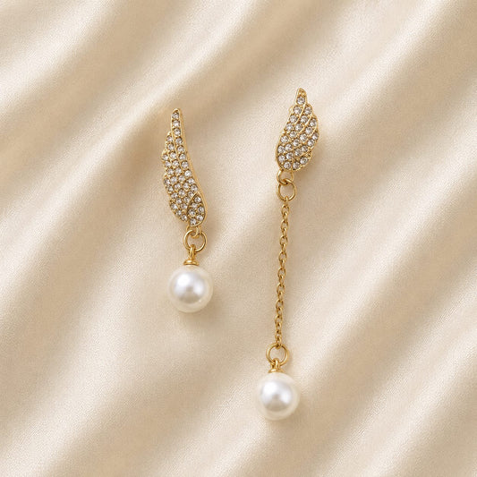 ✨Gold-Plated Wing Pearl Drop Earrings for Women – Rhinestone Crystal Statement Jewelry | Elegant Wedding & Occasion Wear