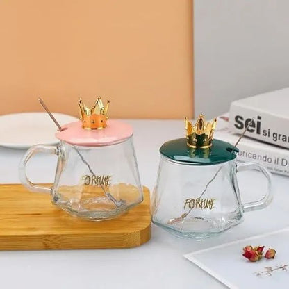 ✨Luxury Golden Crown Glass Mug with Handle & Stainless Steel Spoon – Elegant Tea & Coffee Cup for Home and Office
