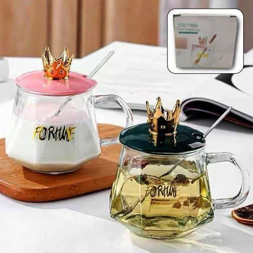 ✨Luxury Golden Crown Glass Mug with Handle & Stainless Steel Spoon – Elegant Tea & Coffee Cup for Home and Office