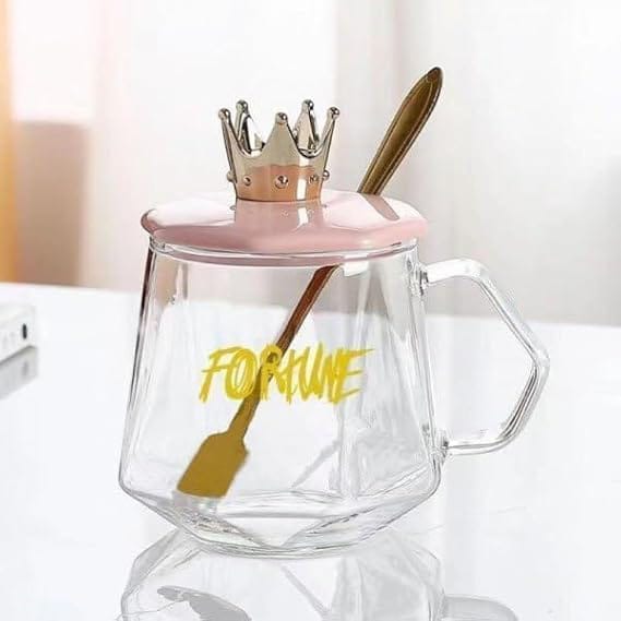 ✨Luxury Golden Crown Glass Mug with Handle & Stainless Steel Spoon – Elegant Tea & Coffee Cup for Home and Office
