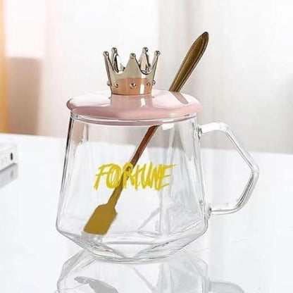 ✨Luxury Golden Crown Glass Mug with Handle & Stainless Steel Spoon – Elegant Tea & Coffee Cup for Home and Office