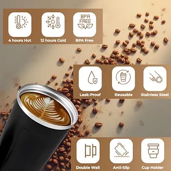 ThermoLuxe™ Black Coffee Travel Mug – Double-Wall Insulated Stainless Steel Tumbler
