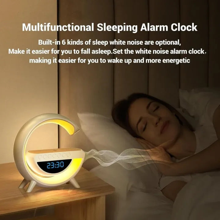 Smart G-Shaped LED Lamp with 15W Wireless Charger, Bluetooth Speaker, Digital Alarm Clock & RGB Night Light | Multifunction Bedside Table Lamp for Bedroom, Office & Study