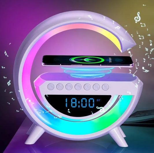 Smart G-Shaped LED Lamp with 15W Wireless Charger, Bluetooth Speaker, Digital Alarm Clock & RGB Night Light | Multifunction Bedside Table Lamp for Bedroom, Office & Study