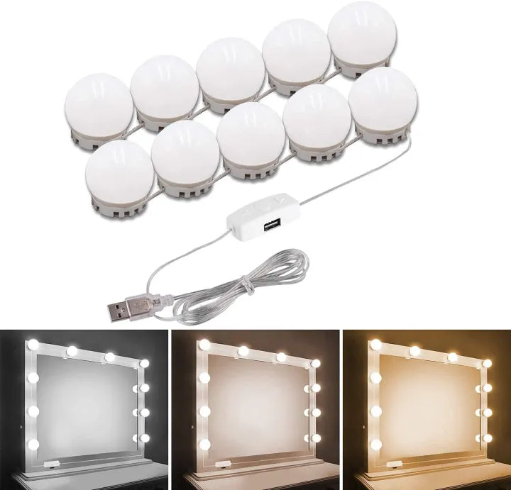 Hollywood LED Vanity Mirror Lights | 10 Dimmable Bulbs | 3 Color Modes | USB Powered Makeup Mirror Lighting Kit