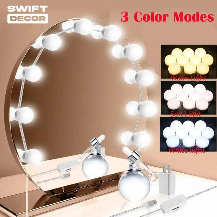 Hollywood LED Vanity Mirror Lights | 10 Dimmable Bulbs | 3 Color Modes | USB Powered Makeup Mirror Lighting Kit