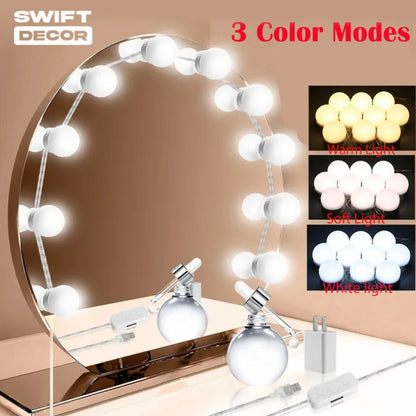 Hollywood LED Vanity Mirror Lights | 10 Dimmable Bulbs | 3 Color Modes | USB Powered Makeup Mirror Lighting Kit